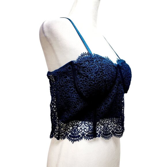 Iris Navy Blue Crochet Lace Crop Top Adjustable Straps Scalloped Hem Size L - Picture 5 of 8